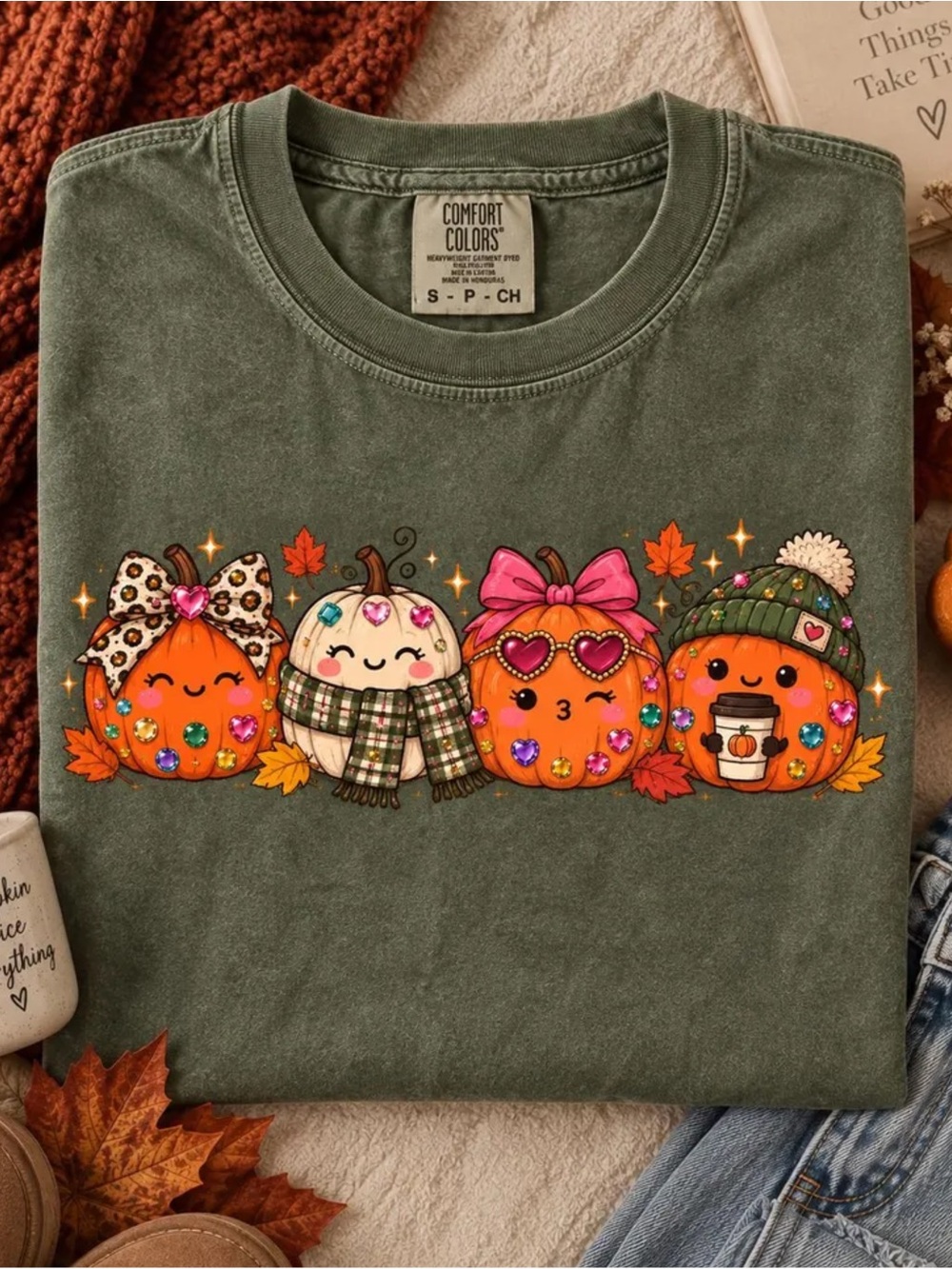 Comfort Colors Moss Green Pumpkin Friends Graphic Tee